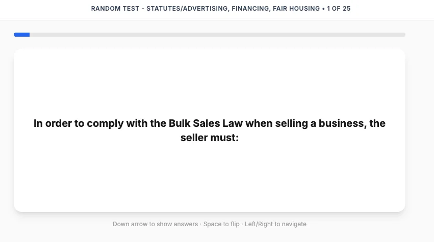 Flashcard mode showing a real estate exam question with keyboard navigation hints