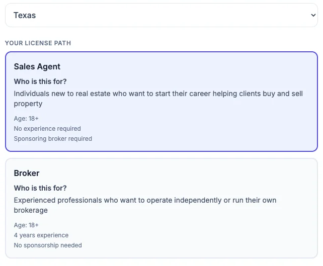 State and license type selector showing Texas with Sales Agent and Broker paths